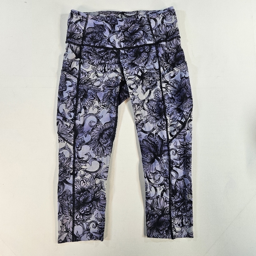 Lululemon Fast Free Hanakotoba Starlight Crop II Purple Floral Leggings 6 Run